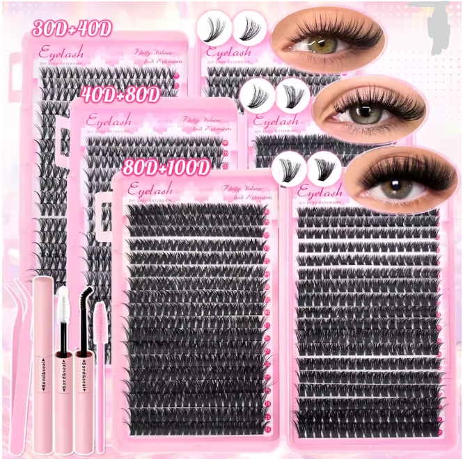 DIY Lash Extension Kit (720pcs) – Lash Clusters + Bond & Seal | Wispy Natural Manga Look | 80D Fluffy, Salon Results at Home