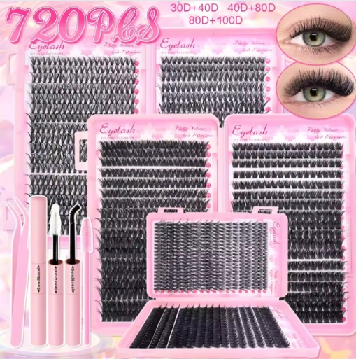 DIY Lash Extension Kit (720pcs) – Lash Clusters + Bond & Seal | Wispy Natural Manga Look | 80D Fluffy, Salon Results at Home